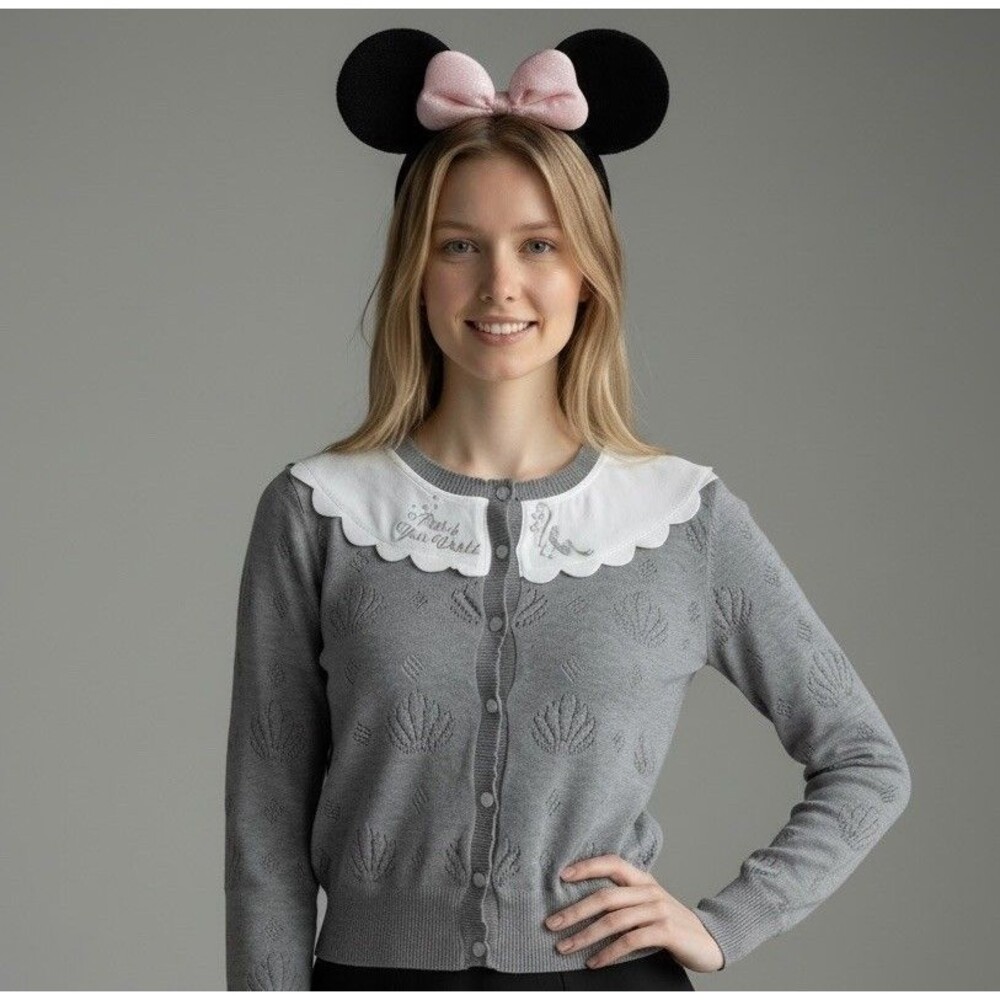 Disney Little Mermaid Gray Knit Cardigan with White Scalloped Collar
